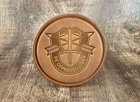 "SPECIAL FORCES DE OPPRESSO LIBER" UNIT INSIGNIA (DOL) - Leather Coaster Set (Set of 4)