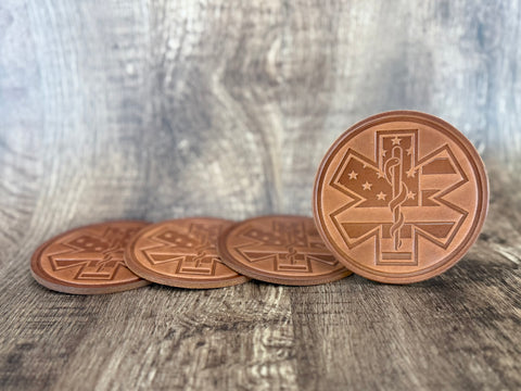 U.S. FLAG MEDICAL STAR of LIFE Leather Drink Coaster Set (Set of 4)