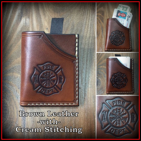 Handmade full grain leather front pocket minimalist wallet with firefighter maltese cross