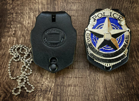 Dallas PD Handcrafted leather badge holder with metal belt clip